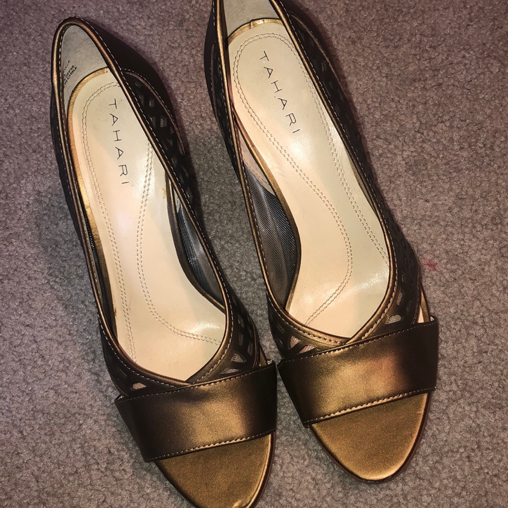 Tahari open toed chrome heels. Worn 1x